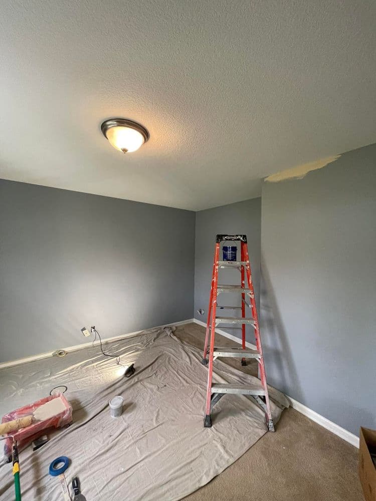 Room undergoing painting, with a ladder and drop cloth on carpet, gray walls in progress.