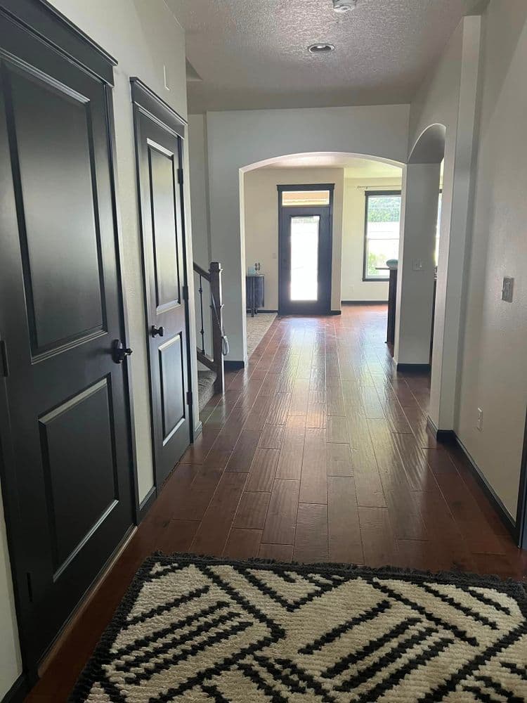Modern hallway featuring dark doors, hardwood flooring, and a patterned area rug.